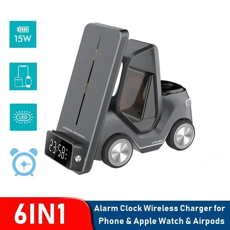 "6-in-1 Compatible Wireless Charger with Alarm Clock: The Ultimate Convenience Solution"